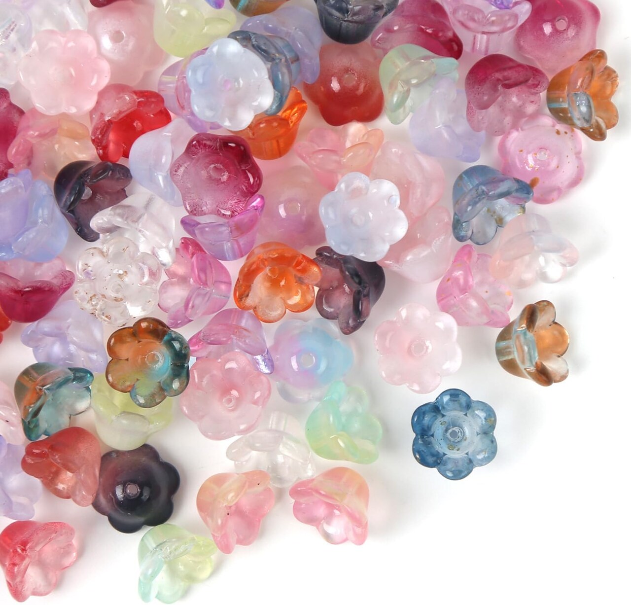 100pcs Glass Flower Beads – Mixed Colors, Cute Kandi Charms, Crystal Trumpet and Bell Beads for Jewelry Making and Bracelets